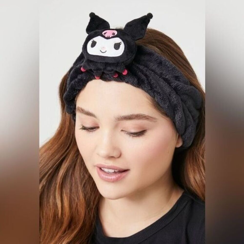 Kuromi Black Plush Headband With Embroidered Character Face For Skincare & Makeu